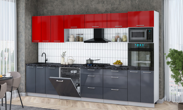 Изображение товара Кухонный гарнитур Интерлиния Мила Gloss 3.4-ПМ1-2 (асфальт глянец/красный глянец/кастилло темный)