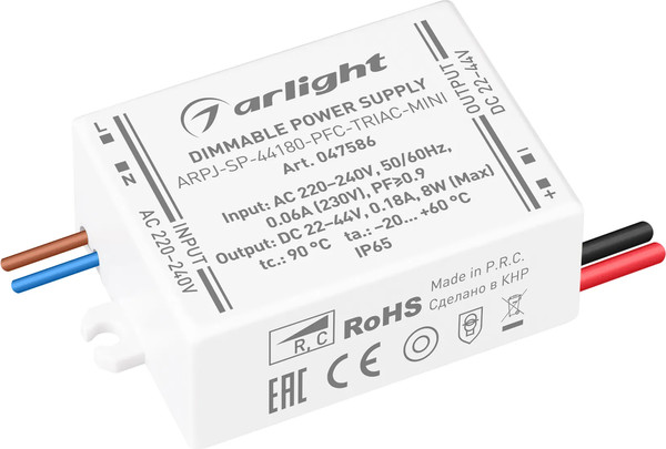 Изображение товара Блок питания для светильника Arlight ARPJ-SP-44180-PFC-TRIAC-MINI 8W 22-44V 180mA / 047586