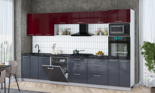 Изображение товара Кухонный гарнитур Интерлиния Мила Gloss 3.4-ПМ1-2 (асфальт глянец/бордовый глянец/кастилло темный)