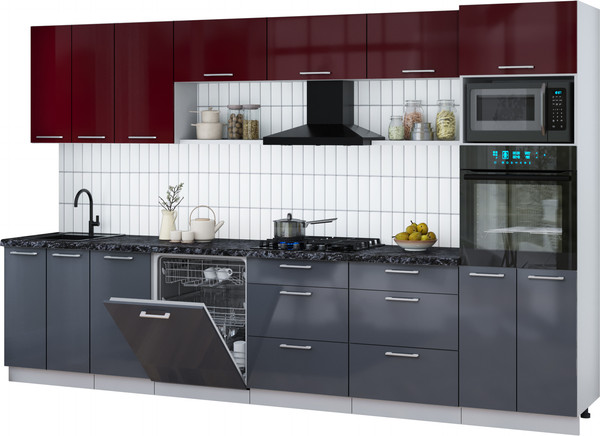 Изображение товара Кухонный гарнитур Интерлиния Мила Gloss 3.4-ПМ1-2 (асфальт глянец/бордовый глянец/кастилло темный)