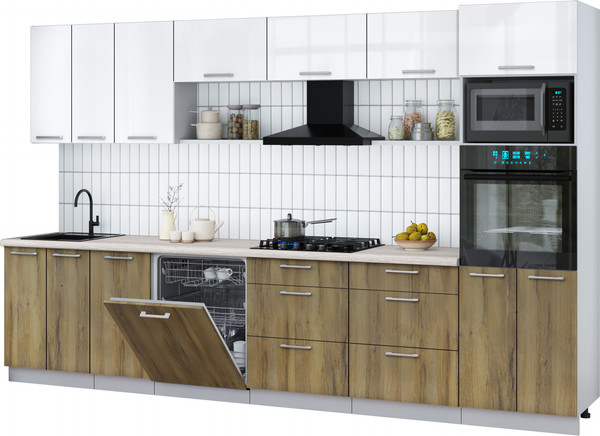 Изображение товара Кухонный гарнитур Интерлиния Мила Gloss 3.4-ПМ1-2 (дуб вотан/белый глянец/травертин серый)