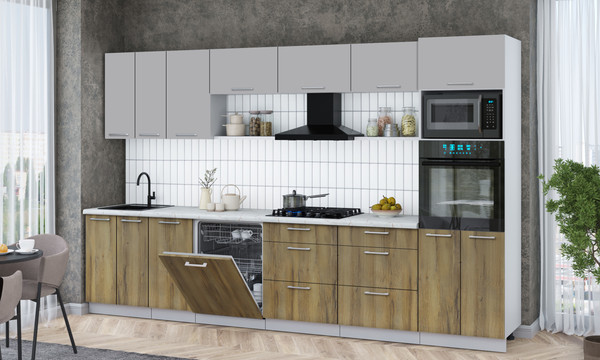 Изображение товара Кухонный гарнитур Интерлиния Мила Gloss 3.4-ПМ1-2 (дуб вотан/грей/серый каспий)