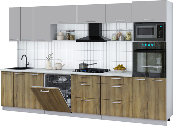 Изображение товара Кухонный гарнитур Интерлиния Мила Gloss 3.4-ПМ1-2 (дуб вотан/грей/серый каспий)