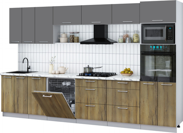 Изображение товара Кухонный гарнитур Интерлиния Мила Gloss 3.4-ПМ1-2 (дуб вотан/серый/белый гранит)