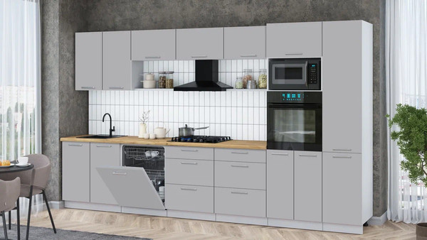 Изображение товара Кухонный гарнитур Интерлиния Мила Gloss 3.6-ПМ1 (грей/грей/дуб бунратти)