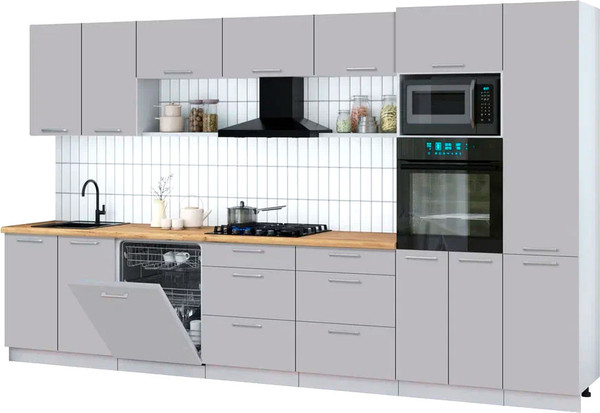 Изображение товара Кухонный гарнитур Интерлиния Мила Gloss 3.6-ПМ1 (грей/грей/дуб бунратти)