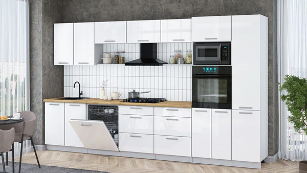 Изображение товара Кухонный гарнитур Интерлиния Мила Gloss 3.6-ПМ1 (белый глянец/белый глянец/дуб бунратти)