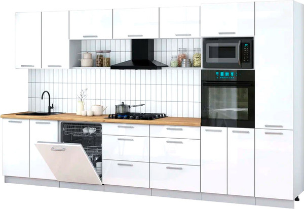 Изображение товара Кухонный гарнитур Интерлиния Мила Gloss 3.6-ПМ1 (белый глянец/белый глянец/дуб бунратти)