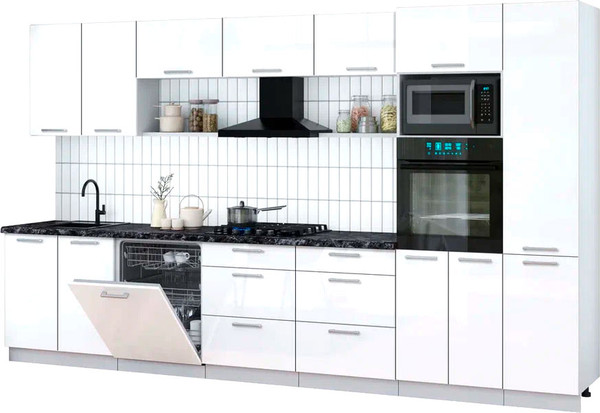 Изображение товара Кухонный гарнитур Интерлиния Мила Gloss 3.6-ПМ1 (белый глянец/белый глянец/кастилло темный)