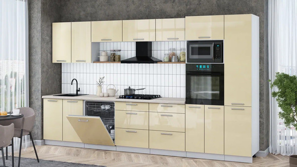 Изображение товара Кухонный гарнитур Интерлиния Мила Gloss 3.6-ПМ1 (ваниль глянец/ваниль глянец/травертин серый)