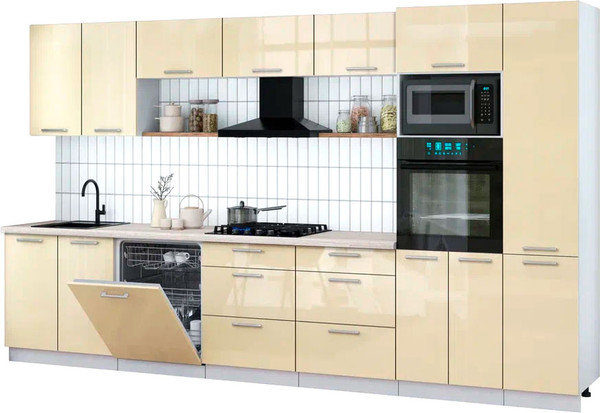 Изображение товара Кухонный гарнитур Интерлиния Мила Gloss 3.6-ПМ1 (ваниль глянец/ваниль глянец/травертин серый)