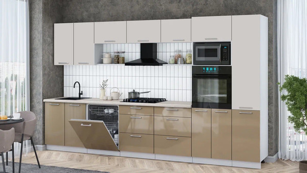 Изображение товара Кухонный гарнитур Интерлиния Мила Gloss 3.6-ПМ1 (капучино глянец/кашемир/травертин серый)