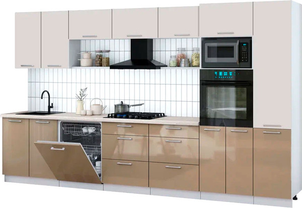 Изображение товара Кухонный гарнитур Интерлиния Мила Gloss 3.6-ПМ1 (капучино глянец/кашемир/травертин серый)