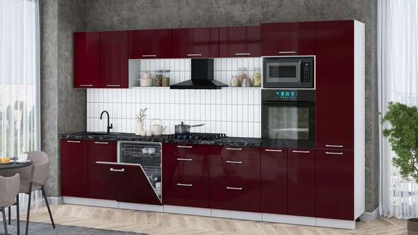 Изображение товара Кухонный гарнитур Интерлиния Мила Gloss 3.6-ПМ1 (бордовый глянец/бордовый глянец/кастилло темный)
