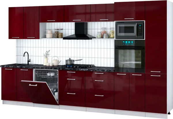 Изображение товара Кухонный гарнитур Интерлиния Мила Gloss 3.6-ПМ1 (бордовый глянец/бордовый глянец/кастилло темный)