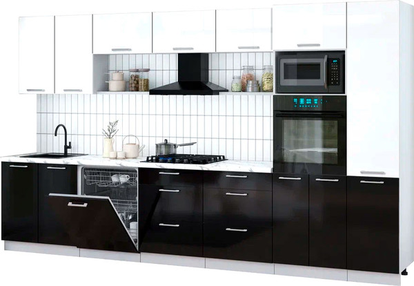 Изображение товара Кухонный гарнитур Интерлиния Мила Gloss 3.6-ПМ1 (черный глянец/белый глянец/белый гранит)