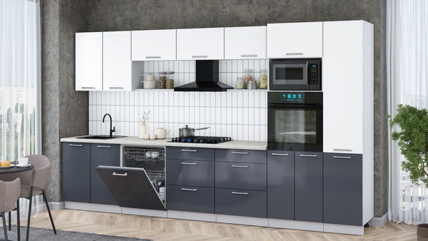 Изображение товара Кухонный гарнитур Интерлиния Мила Gloss 3.6-ПМ1 (асфальт глянец/белый/опал светлый)