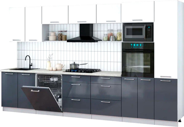 Изображение товара Кухонный гарнитур Интерлиния Мила Gloss 3.6-ПМ1 (асфальт глянец/белый/опал светлый)