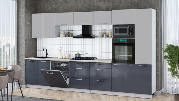 Изображение товара Кухонный гарнитур Интерлиния Мила Gloss 3.6-ПМ1 (асфальт глянец/грей/бискайская сосна)