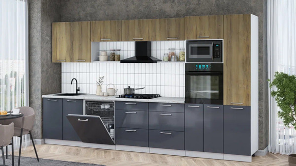 Изображение товара Кухонный гарнитур Интерлиния Мила Gloss 3.6-ПМ1 (асфальт глянец/дуб вотан/серый каспий)