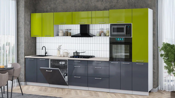 Изображение товара Кухонный гарнитур Интерлиния Мила Gloss 3.6-ПМ1 (асфальт глянец/яблоко глянец/травертин серый)