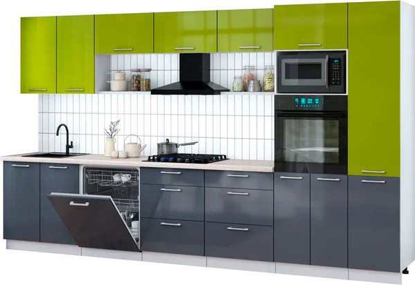 Изображение товара Кухонный гарнитур Интерлиния Мила Gloss 3.6-ПМ1 (асфальт глянец/яблоко глянец/травертин серый)