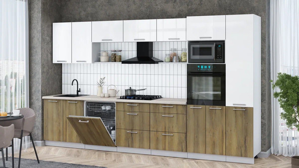 Изображение товара Кухонный гарнитур Интерлиния Мила Gloss 3.6-ПМ1 (дуб вотан/белый глянец/травертин серый)