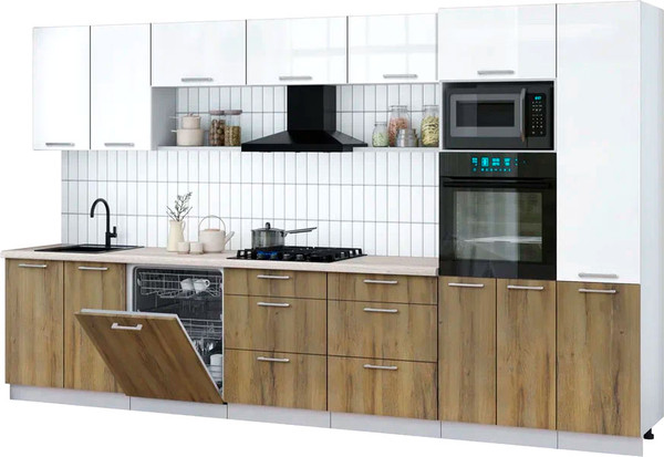 Изображение товара Кухонный гарнитур Интерлиния Мила Gloss 3.6-ПМ1 (дуб вотан/белый глянец/травертин серый)