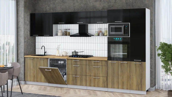 Изображение товара Кухонный гарнитур Интерлиния Мила Gloss 3.6-ПМ1 (дуб вотан/черный глянец/дуб бунратти)