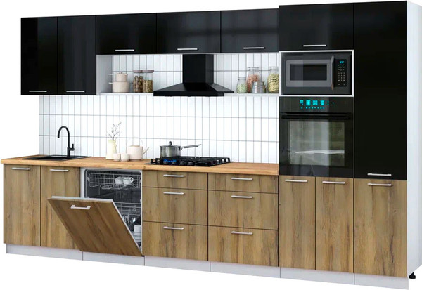 Изображение товара Кухонный гарнитур Интерлиния Мила Gloss 3.6-ПМ1 (дуб вотан/черный глянец/дуб бунратти)