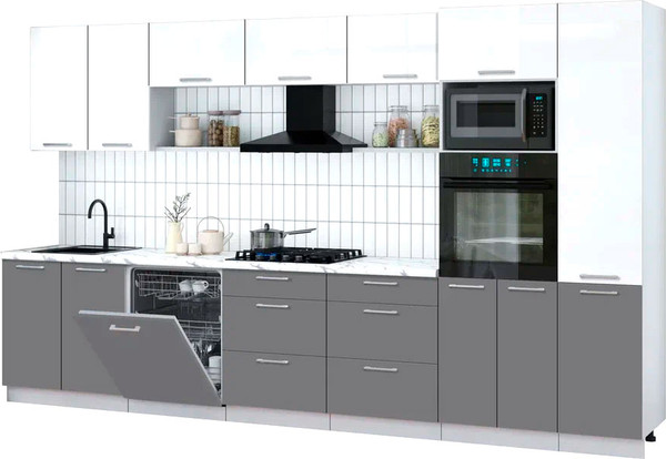 Изображение товара Кухонный гарнитур Интерлиния Мила Gloss 3.6-ПМ1 (серый/белый глянец/белый гранит)