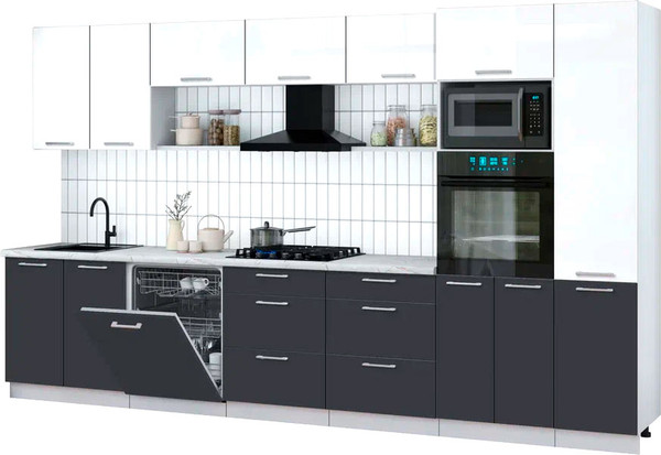 Изображение товара Кухонный гарнитур Интерлиния Мила Gloss 3.6-ПМ1 (пепел/белый глянец/серый каспий)