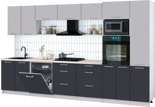 Изображение товара Кухонный гарнитур Интерлиния Мила Gloss 3.6-ПМ1 (пепел/грей/травертин серый)