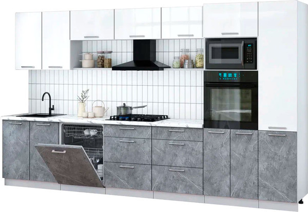 Изображение товара Кухонный гарнитур Интерлиния Мила Gloss 3.6-ПМ1 (керамика/белый глянец/белый гранит)