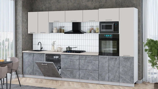 Изображение товара Кухонный гарнитур Интерлиния Мила Gloss 3.6-ПМ1 (керамика/кашемир/травертин серый)