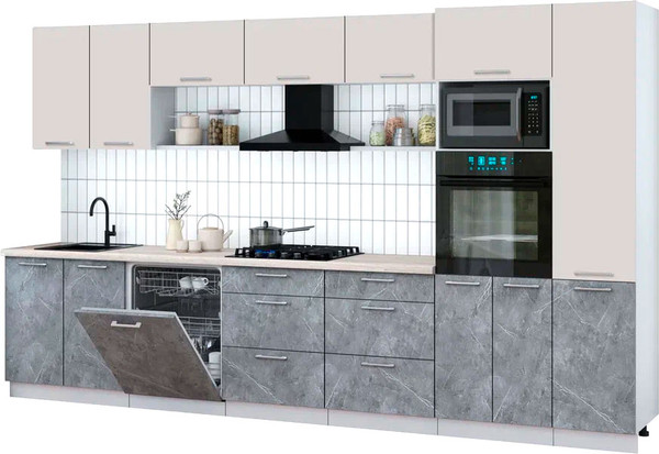 Изображение товара Кухонный гарнитур Интерлиния Мила Gloss 3.6-ПМ1 (керамика/кашемир/травертин серый)