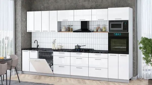 Изображение товара Кухонный гарнитур Интерлиния Мила Gloss 3.6-ПМ1-2 (белый глянец/белый глянец/кастилло темный)