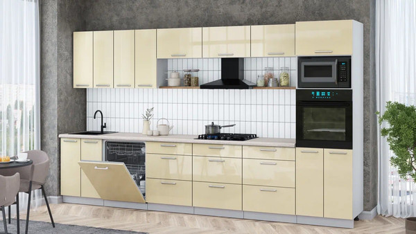 Изображение товара Кухонный гарнитур Интерлиния Мила Gloss 3.6-ПМ1-2 (ваниль глянец/ваниль глянец/травертин серый)