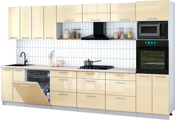 Изображение товара Кухонный гарнитур Интерлиния Мила Gloss 3.6-ПМ1-2 (ваниль глянец/ваниль глянец/травертин серый)