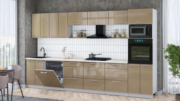 Изображение товара Кухонный гарнитур Интерлиния Мила Gloss 3.6-ПМ1-2 (капучино глянец/капучино глянец/бискайская сосна)