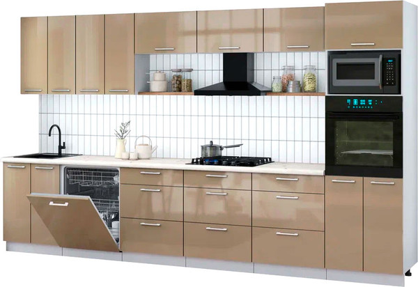 Изображение товара Кухонный гарнитур Интерлиния Мила Gloss 3.6-ПМ1-2 (капучино глянец/капучино глянец/бискайская сосна)