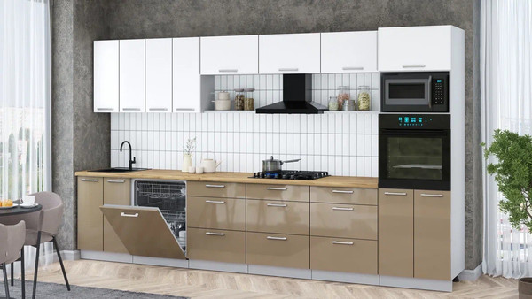 Изображение товара Кухонный гарнитур Интерлиния Мила Gloss 3.6-ПМ1-2 (капучино глянец/белый/дуб бунратти)