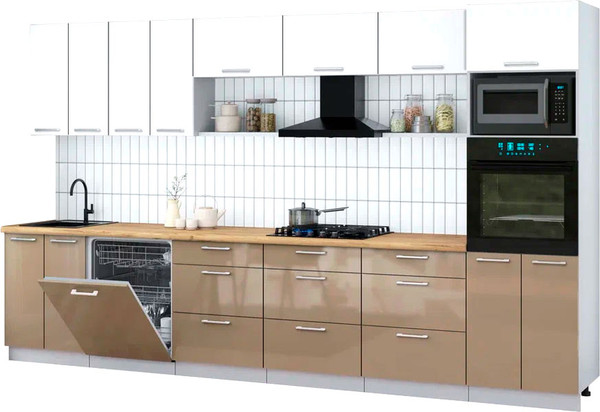 Изображение товара Кухонный гарнитур Интерлиния Мила Gloss 3.6-ПМ1-2 (капучино глянец/белый/дуб бунратти)