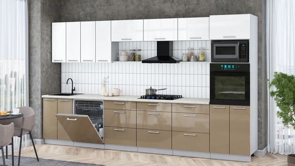 Изображение товара Кухонный гарнитур Интерлиния Мила Gloss 3.6-ПМ1-2 (капучино глянец/белый глянец/опал светлый)