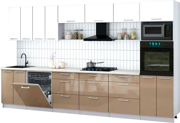 Изображение товара Кухонный гарнитур Интерлиния Мила Gloss 3.6-ПМ1-2 (капучино глянец/белый глянец/опал светлый)