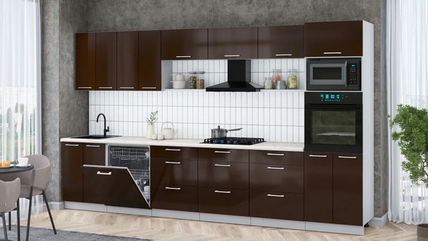 Изображение товара Кухонный гарнитур Интерлиния Мила Gloss 3.6-ПМ1-2 (шоколад глянец/шоколад глянец/бискайская сосна)