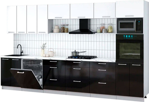 Изображение товара Кухонный гарнитур Интерлиния Мила Gloss 3.6-ПМ1-2 (черный глянец/белый/белый гранит)