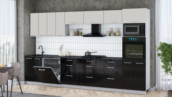 Изображение товара Кухонный гарнитур Интерлиния Мила Gloss 3.6-ПМ1-2 (черный глянец/кашемир/кастилло темный)