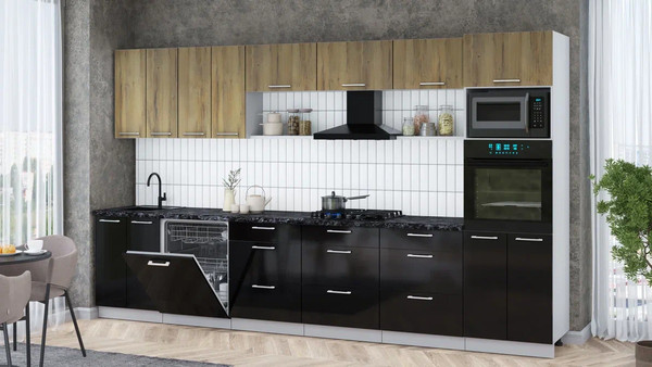 Изображение товара Кухонный гарнитур Интерлиния Мила Gloss 3.6-ПМ1-2 (черный глянец/дуб вотан/кастилло темный)
