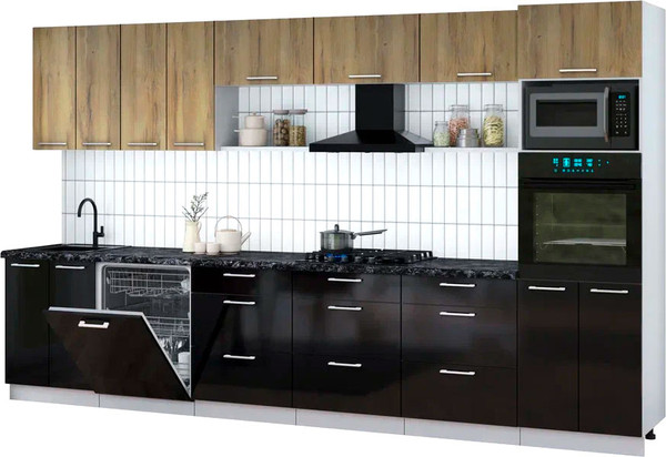 Изображение товара Кухонный гарнитур Интерлиния Мила Gloss 3.6-ПМ1-2 (черный глянец/дуб вотан/кастилло темный)